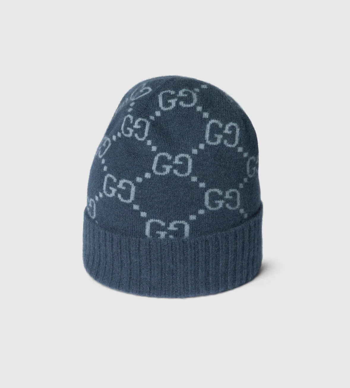 Bonnet et Écharpe en jacquard de cachemire GG bleu marine et bleu clair
